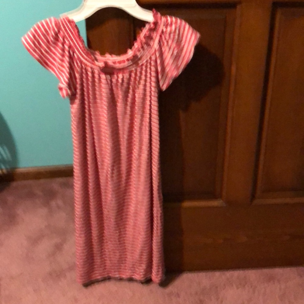 Girls knit dress, off/on shoulders peachy/reddish